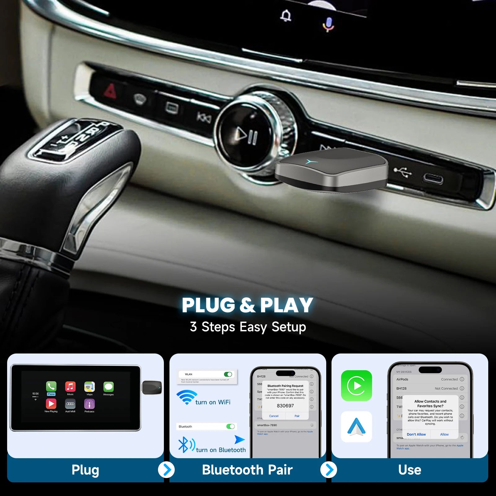 2-In-1 Wired to Wireless Carplay Adapter & Android Auto Wireless Adapter Plug & Play