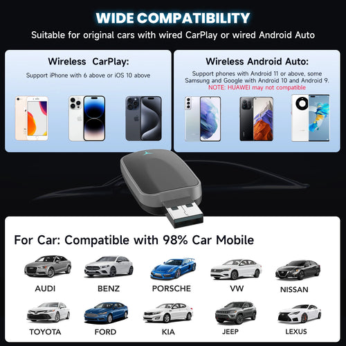 2-In-1 Wired to Wireless Carplay Adapter & Android Auto Wireless Adapter Plug & Play